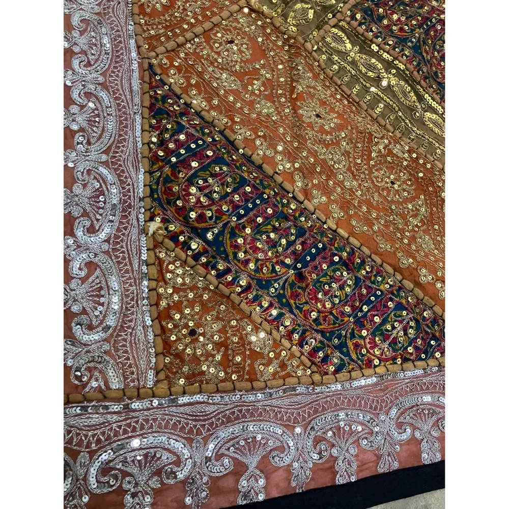 Vintage Indian‎ Patchwork Tapestry Orange Gold Sequin Embroidered Wall Art 40x39